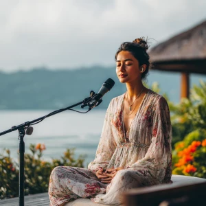 An beautiful  etherial flowers young woman meditation coach is s...