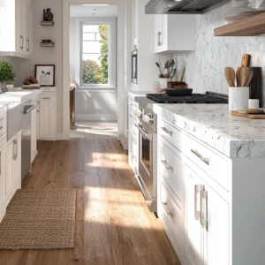 Capture a bright, contemporary kitchen featuring newly painted c...