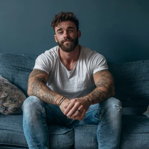 Generate an image of a casually dressed man with a well-groomed...