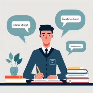 minimalist illustration of a confident student taking a French e...