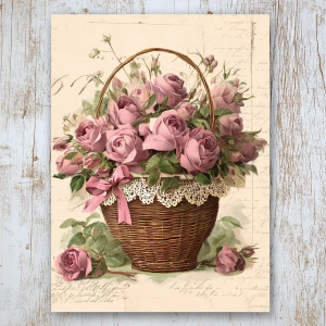 Victorian Mauve Rose Basket – 2 Large Journaling Cards (Ribboned...