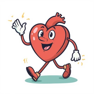 Create a retro cartoon-style heart character featuring arms and...