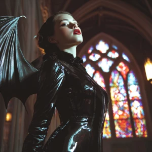 A vintage femme fatale in a sleek black catsuit with glossy leat...