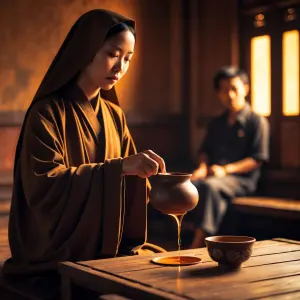 A Vietnamese Buddhist nun in simple brown robes pouring tea from...