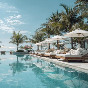 Imagine a serene outdoor poolside lounge featuring cushioned sun...