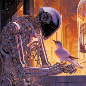 Retro-futuristic concept art. A sleek, chrome-plated robot with...