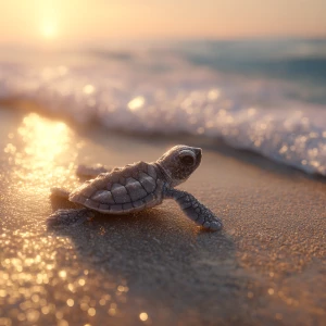 A tiny baby sea turtle on a sandy beach at sunrise, cinematic an...