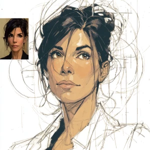 Create a close-up portrait of Sandra Bullock inspired by the ico...