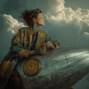 Pirate woman navigator on a chrome airship, compass shaped like...