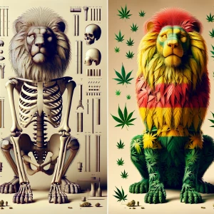 Generate an image of a lion made entirely out of cannabis leaves...