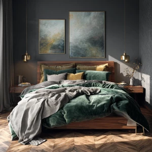 Create a stunning and luxurious Scandinavian bedroom setting fea...