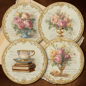 Victorian Mauve Rose Rococo Medallions – 4 Round Cards (Ornate F...