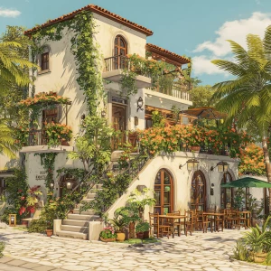 A charming Mediterranean-style café with cream-colored stucco wa...