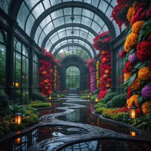 In a grand glass conservatory known as the Arched Rainlight Cons...