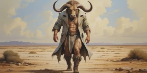 In a desolate wasteland, a minotaur adorned in chic, tattered cl...