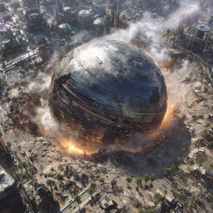 A massive, futuristic metallic sphere descends at hypersonic spe...