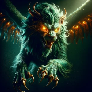 A menacing phosphorescent manticore lurks in a dark and eerie st...