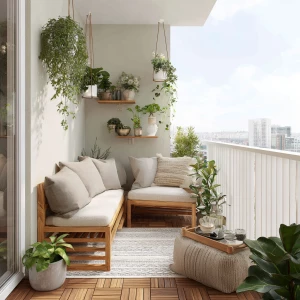 Create a modern small balcony setting featuring light wood furni...