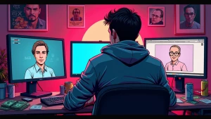 cool young man sitting at multiple monitors surrounded by memes,...