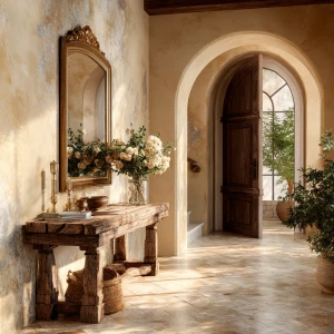 Create a 16:9 aspect ratio image of an elegant Italian foyer fea...