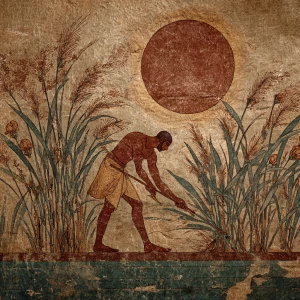 An ancient Egyptian farmer, painted in the style of a faded temp...