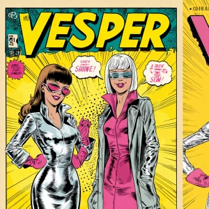 1960s retro comic book cover, a bold yellow burst background, tw...