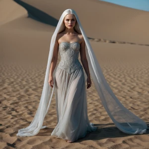 Pale-skinned east asian slavic woman. Long silver white straight...