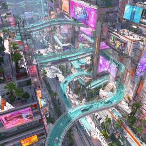 Visualize street view wide shots of a dystopian Los Angeles reim...