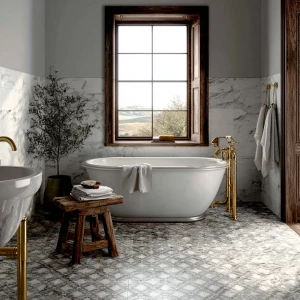 Create a realistic representation of a classic Italian bathroom...