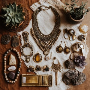 Create an eye-catching flat lay composition featuring an arrange...