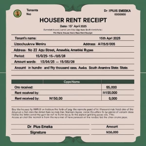 House Rent Receipt 

Date: 15th April 2025

Tenant's name- Uzoch...