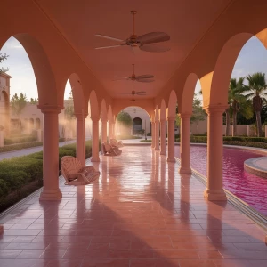 Enter a serene oasis at the Sunspill Pavilion, a warm-toned porc...