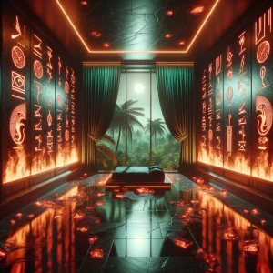 Create an image of the Obsidian Flame Room, a mysterious and enc...