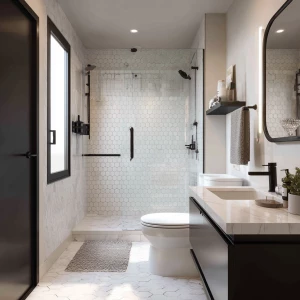 Design a modern small black and white bathroom with matte black...