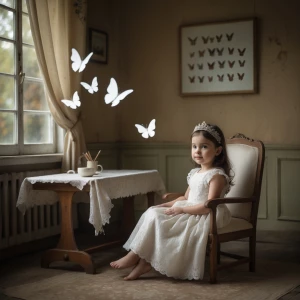 Niña pequeña de unos 5-6 años sentada en una silla de madera en...