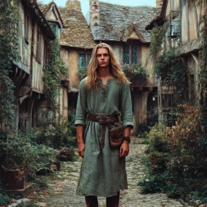 Create a realistic full-length photo in a medieval village style...