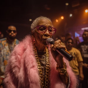 An elderly yong on a rap battle stage, holding a microphone. She...