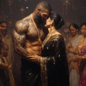 Hyperrealism painting.a muscular beefy sweaty tattoed indian man...