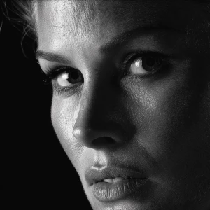 Ultra realistic big close-up portrait of Ursula Andress, black a...