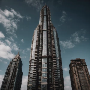 Big skyscraper surrounded with 4 tall towers that are 10 floors...