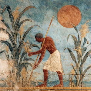 An ancient Egyptian farmer, painted in the style of a faded temp...