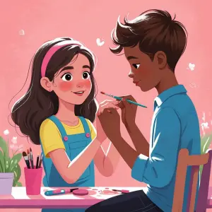Make a girl be holding a boy and make him be painting her nails