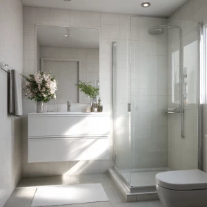 Create a realistic image of a small modern bathroom with an all-...