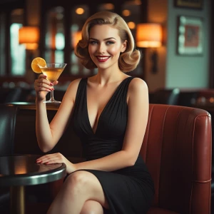 Woman sitting in a lounge wearing a sexy black dress, holding a...