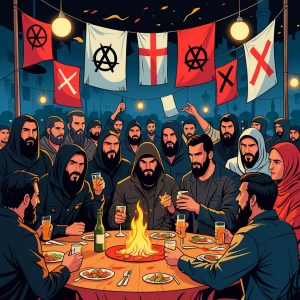 draw me a picture for presentation of jihadists, anarchist, neon...