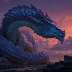 A colossal, serpentine dragon, its scales shimmering with the ir...