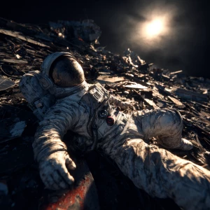 The abandoned body of an astronaut, his spacesuit torn and his m...