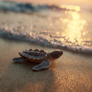 A tiny baby sea turtle on a sandy beach at sunrise, cinematic an...