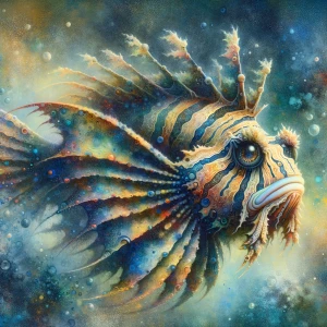 An intricately patterned, shimmering fishlike alien emerges from...