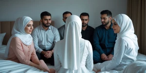 White Hijab women, sitting on knee, between Muslim mans group, i...